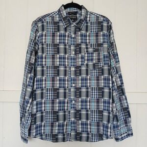 Treasure & Bond Shirt Patchwork Button Up Men's Large Blue Plaid Trim Fit LS
